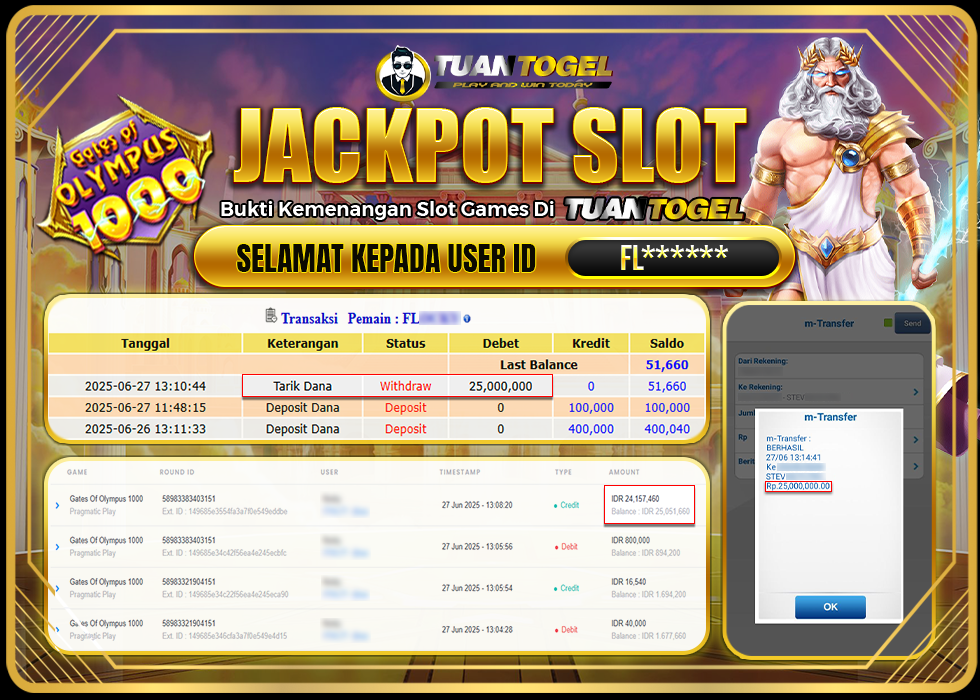 TUANTOGEL JACKPOT SLOT GATES OF OLYMPUS 1000 Rp25.000.000, - LUNAS